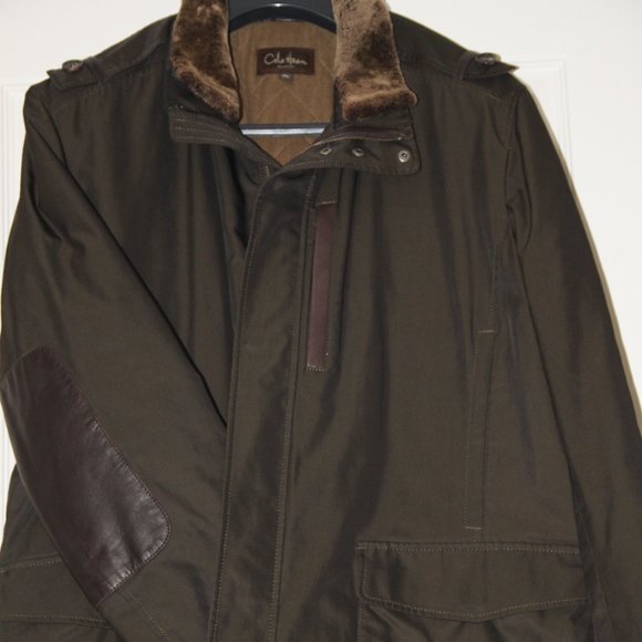 COLE HAAN Luxe Olive Jacket Leather Elbow Patches Removable Lambskin Collar XL - Picture 1 of 12